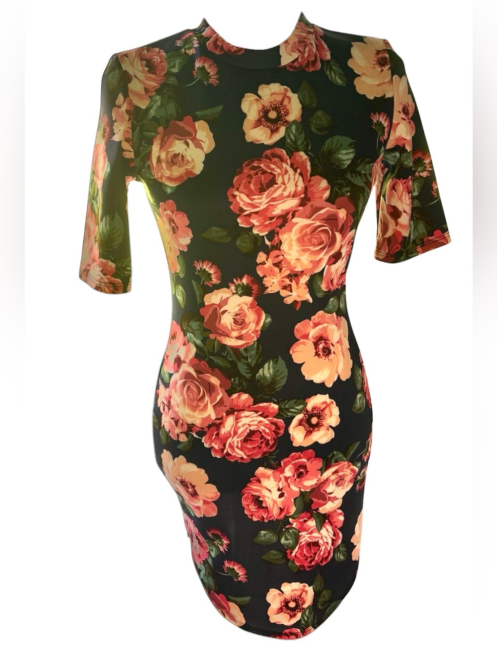 Floral Bodycon Dress | Navy Dress w/Pink Roses | Half Sleeve Floral Sheath Dress